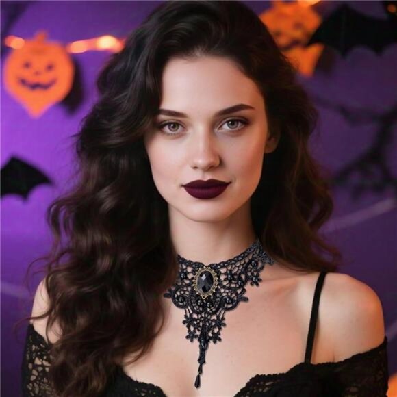 Black Lace Gothic Choker Necklace | Minimalist Retro Witch Jewelry - Picture 4 of 5